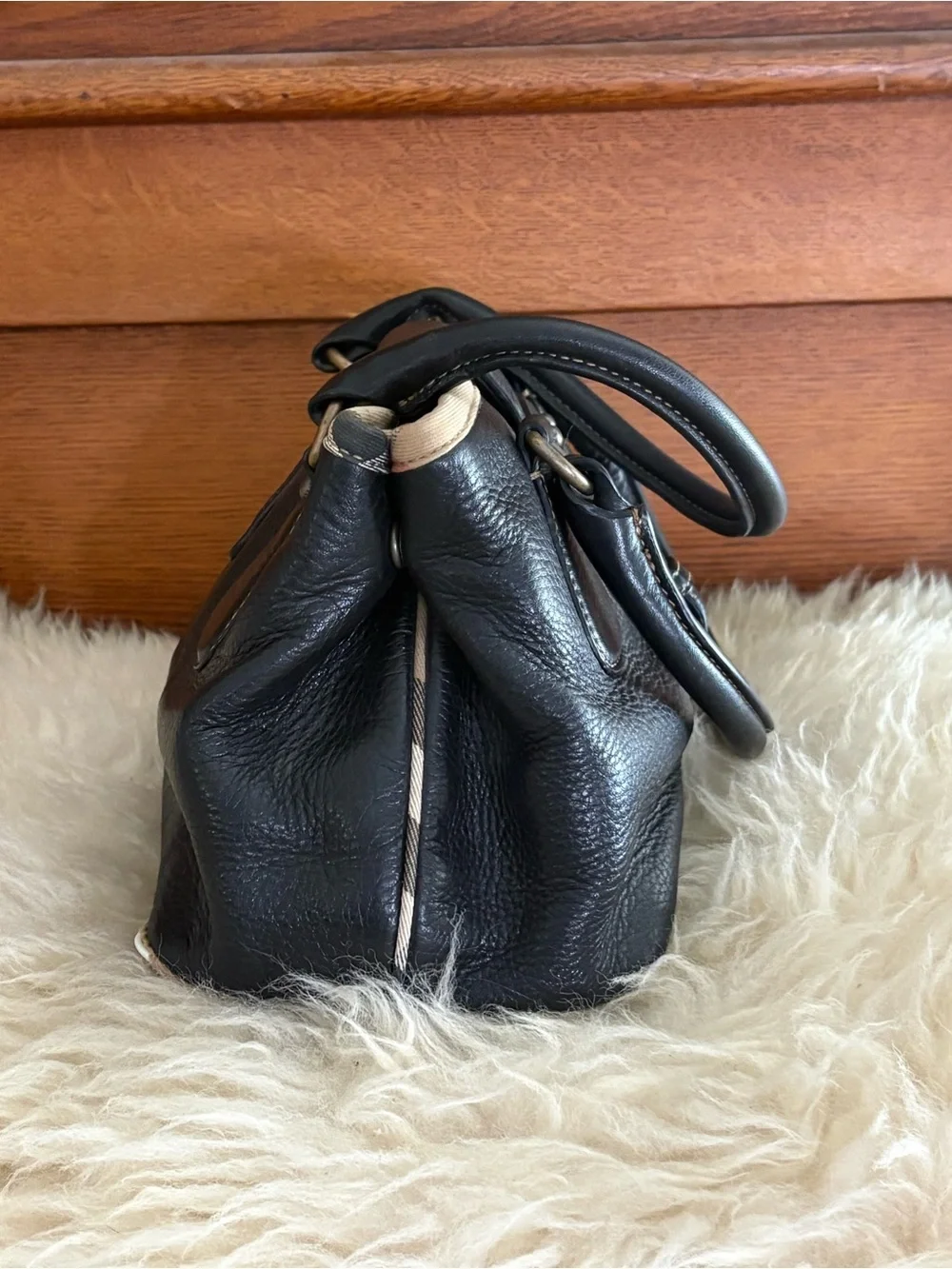 Burberry Black Pebble Soft Leather Satchel Bag with Plaid Trim